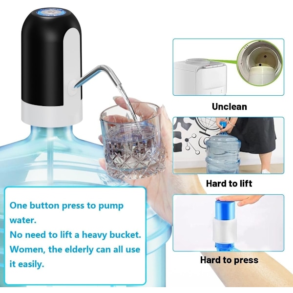 3 til 5 gallon flaske vandpumpe bærbar USB elektrisk vanddispenser sort