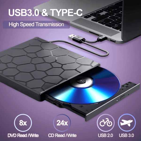 Extern CD/DVD-enhet 7 i 1 USB 3.0 Ultra-Slim CD-brännare