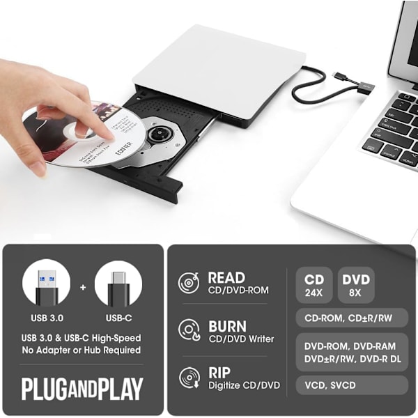 Ulkoinen CD DVD +/-RW -asema USB 3.0 & USB-C Kannettava CD/DVD ROM -soitin poltinlukija (valkoinen)