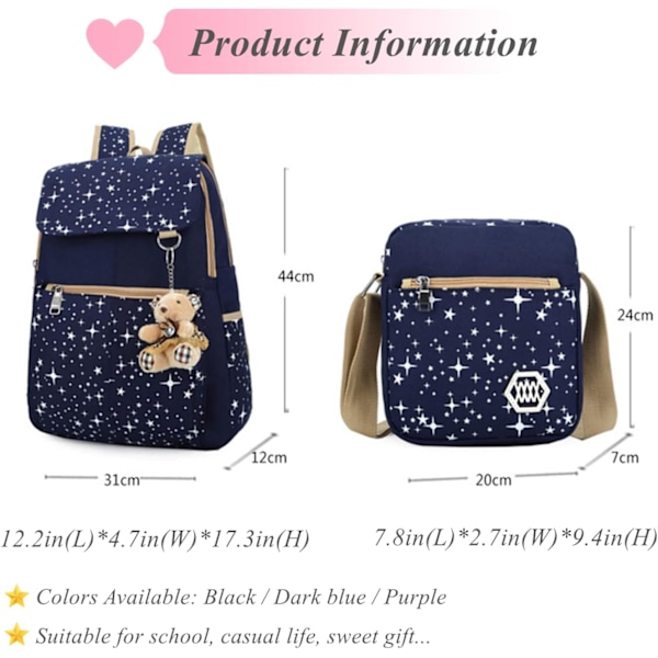 Tähtikuvioiset reppusetit kouluun, koululaukut teinitytöille, crossbody-laukulla, 3 kpl pinkki