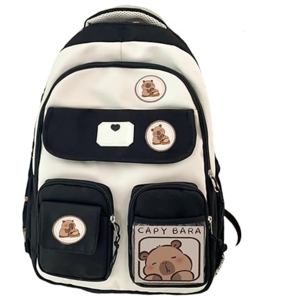 Capybara Rygsæk Til Skole, Sød Preppy Æstetisk Rygsæk Med Kawaii Nål Og Tilbehør Til Piger Sort