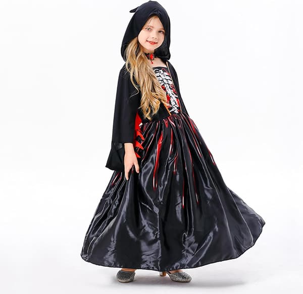 Häxa vampyrdräkt för barn, Typ A med halsband (M 120-130CM)