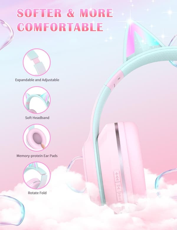 Bluetooth-øretelefoner, stereo børnehovedtelefoner med lysende katteører (pink)