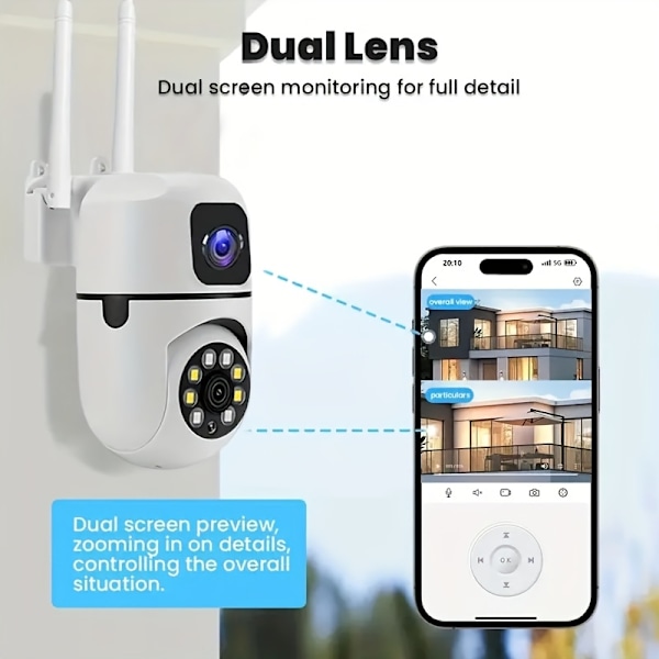 Dubbla Linser FHD 1080P Säkerhetskamera Med Smart Rörelsedetektering 2.4GHz 2-PACK