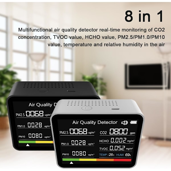 Luftkvalitetstestare, 8 i 1 Luftkvalitetsmätare CO2-mätare Koldioxid Detektor (Svart)
