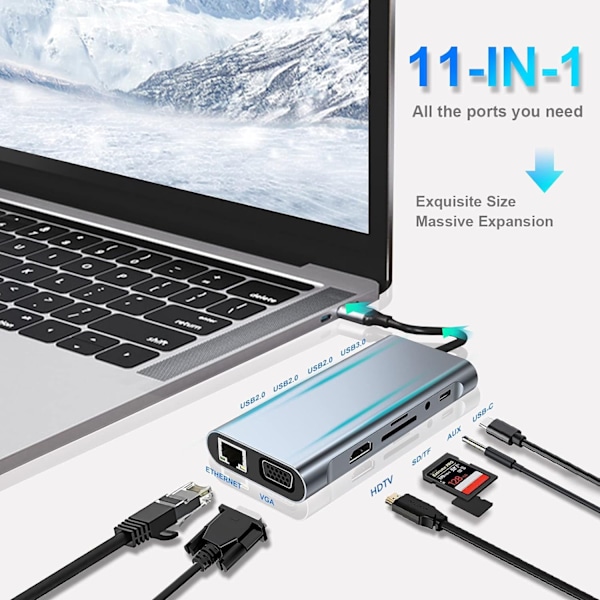11 i 1 USB-C Hub Adapter 100 Mbps RJ45 Ethernet SD/TF Kortlæser til MacBook Pro Air