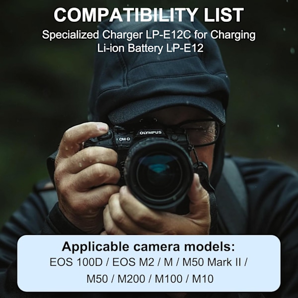 LP-E12 Batterioplader til Canon EOS M100 M50 M10 M2 M Rebel SL1 100D PowerShot SX70 HS Kiss M Kiss X7 kamera