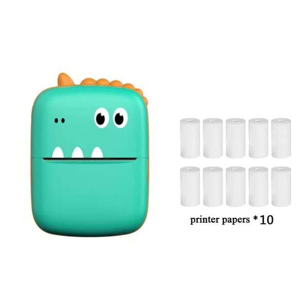 Lille Dinosaur Mini Bærbar Printer Grøn + 10 Ruller Trykpapir