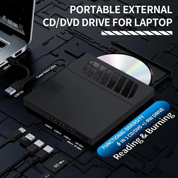 Extern CD/DVD-läsare för Laptop, 7 i 1 USB Ultra-Slim Portabel, Slot-Load CD ROM-brännare