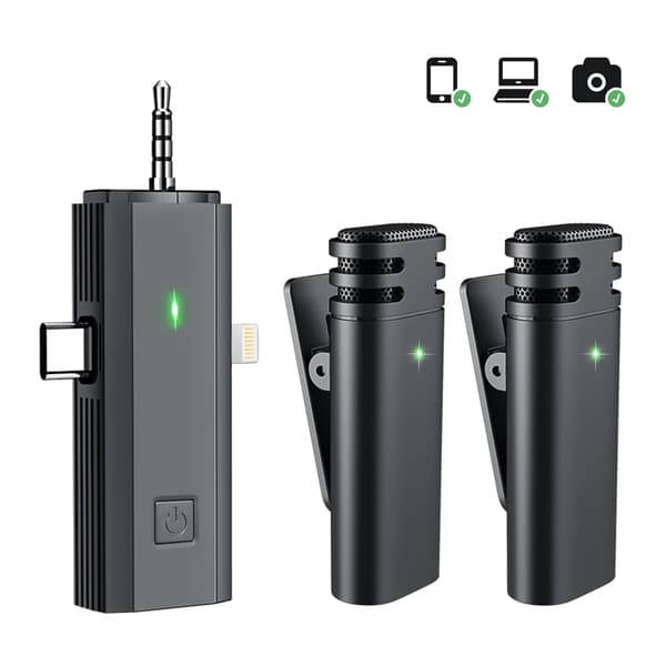 Trådlös Mikrofon för iPhone/Android/Kamera/PC, 3-i-1 Mini Mikrofon, Brusreducering, Plug and Play Trådlös Mikrofon, 2-pack