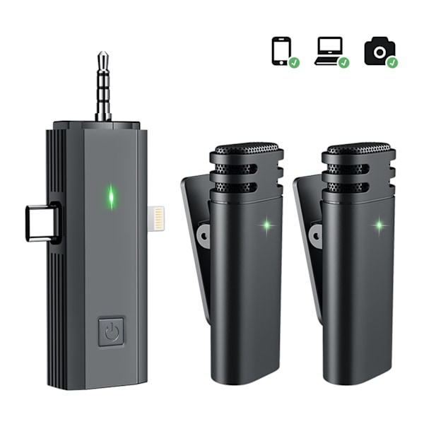 Trådløs Mikrofon til iPhone/Android/Kamera/PC, 3-i-1 Mini Mikrofon, Støjreducerende, Plug & Play Trådløs Mikrofon, 2-pak
