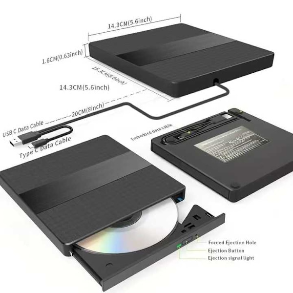 Ekstern CD/DVD RW-stasjon USB 3.0 USB C, for bærbar PC Windows 11 10 Linux OS Mac