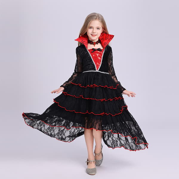 Häxa vampyrdräkt för barn, Typ D med halsband (M 120-130CM)
