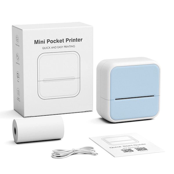 Bluetooth termisk printer, etiketprinter med 1 rulle etiketpapir (blå)