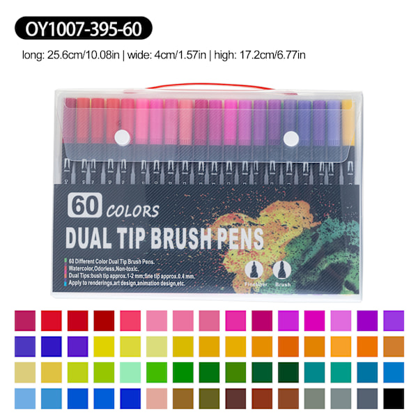 60 Farger Dobbel Tip Marker Penn Svart Stang Pvc Boks Akvarell Penn Sett