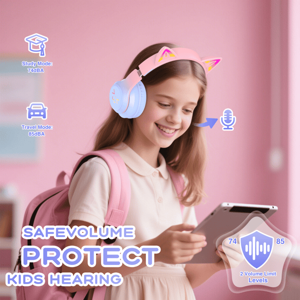Bluetooth-hörlurar, barnhörlurar, lysande kattöron (lila)