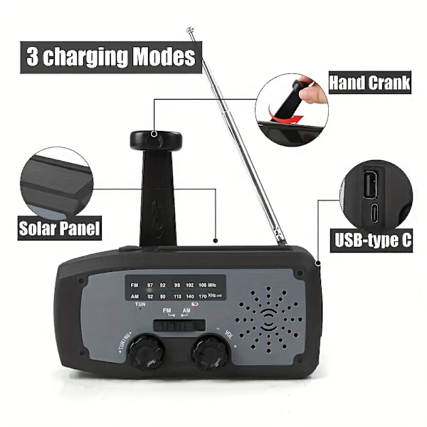 Nödradio med Handvev, Solceller och LED-Ficklampa 2000mAh Bärbar AM/FM Väderradio för Utomhusbruk /orange