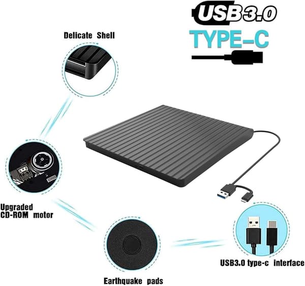 Ekstern CD/DVD-stasjon for bærbar PC USB-C og USB 3.0 CD/DVD ROM-stasjon Leser Brenner