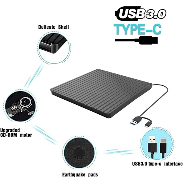 Ulkoinen CD/DVD-asema kannettavalle USB-C & USB 3.0 CD/DVD ROM -aseman lukija-kirjoitin