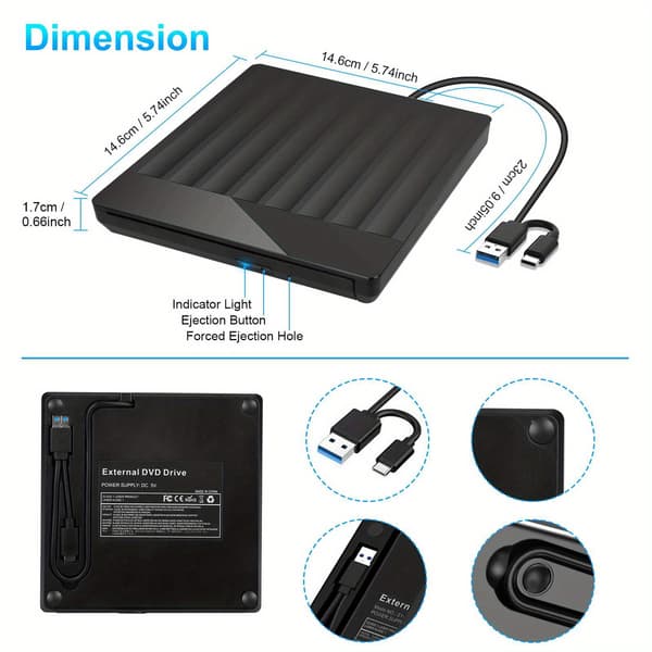 USB 3.0 Extern CD DVD-enhet, Typ-C Portabel CD/DVD-spelare Brännare
