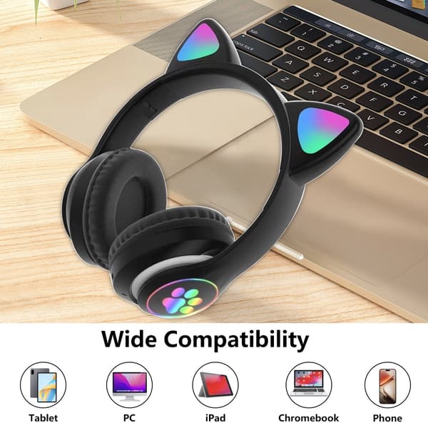 Bluetooth-hörlurar, barnhörlurar, med RGB-kattöron (svart)
