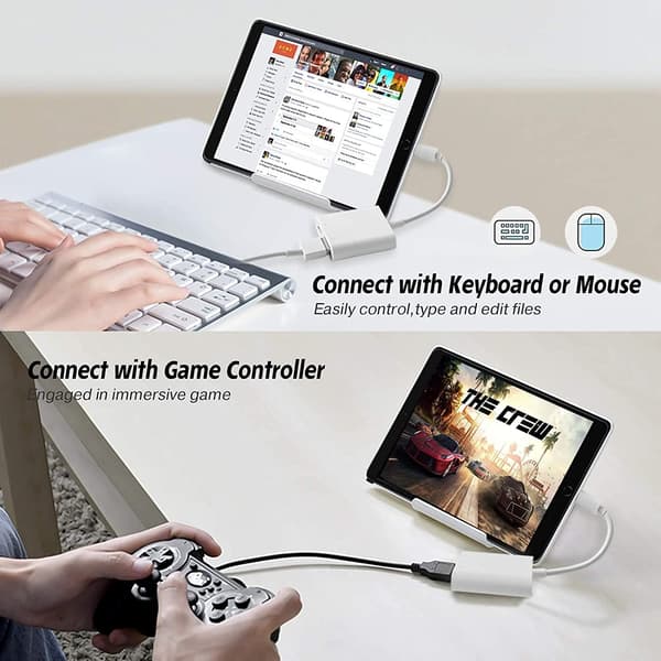 Lightning–USB-sovitin, USB-naaras OTG -sovitin iPhonelle ja iPadille latausportilla, Plug and Play