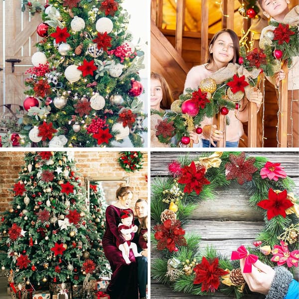 24 stk. juleblomster, glitter røde kunstige blomster med klips egnet