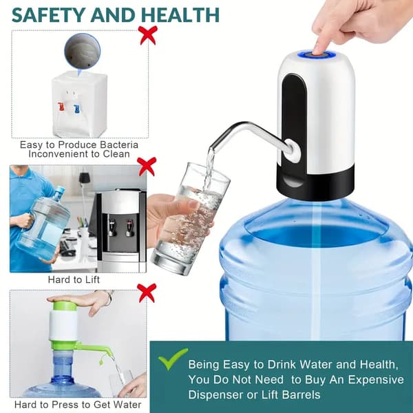 5 gallon vattenflaskdispenser, USB-uppladdningsbar vattenflaskpump (vit)