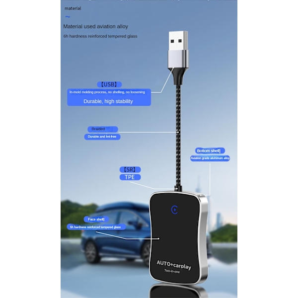 Kablet til trådløs Carplay Android Auto To-I-En Bilforbindelse Smart Boks, 1,1, Aux Kassette Adapter, Ny, By960P 2-I-1, 2-I-1
