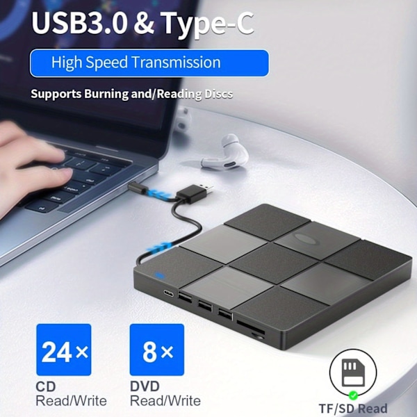 7 I 1 Ekstern DVD-stasjon Plug and Play CD-ROM Brenner Bærbar med USB 3.0 Type-C
