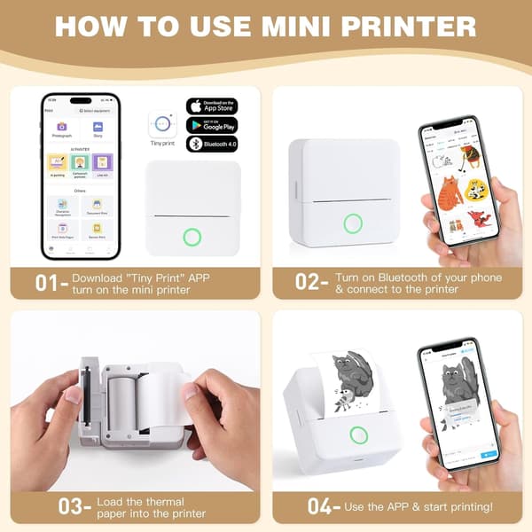 Minivärmeprinter, Trådlös Etikettprinter med Band, Kompatibel med iOS och Android Vit