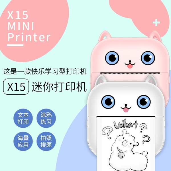 Bærbar Bluetooth Termisk Printer X15 Pink (5 ruller klistermærker + 3 ruller farvet papir)