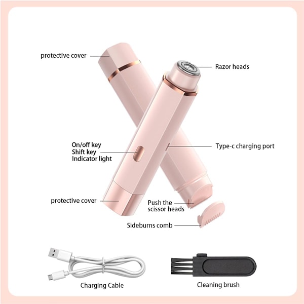 Naisten sähköinen parranajokone, 2 in 1 kivuton karvanpoisto, USB-lataus pinkki