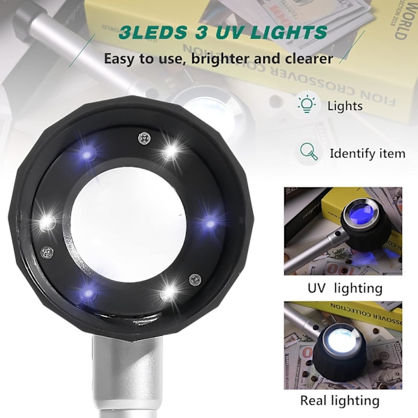 30x håndholdt lup med 6 LED-lys USB genopladelig smykkelup til ældre til at læse mønter