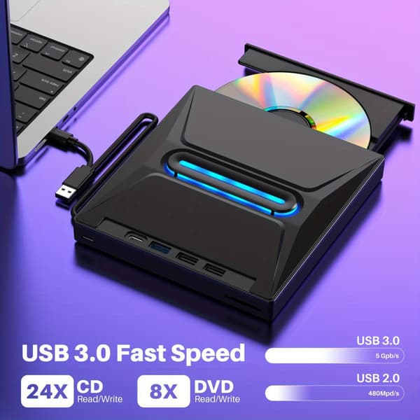 USB 3.0 Extern CD DVD-enhet, Typ-C Portabel CD/DVD+/-RW-enhet/DVD-spelare