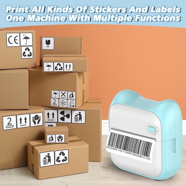 Bærbar Blækfri Termisk Stickerprinter Kompatibel med iOS og Android med 1 Rulle Blåt Papir