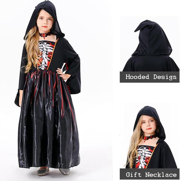 Häxa vampyrdräkt för barn, Typ A med halsband (M 120-130CM)