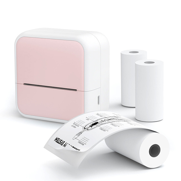 Bluetooth termisk printer, etiketprinter med 5 ruller etiketpapir (pink)