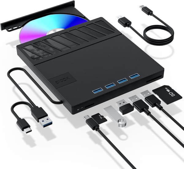 7 i 1 USB Extern DVD-enhet Portabel CD/DVD-spelare Brännare Kompatibel med Windows 11/10/8/7, Linux, Mac OS