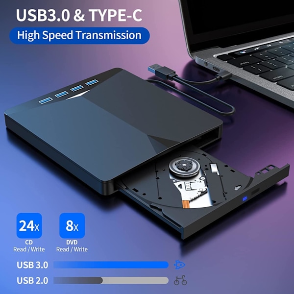 Ekstern CD/DVD-drev til bærbar computer, 7 i 1 USB 3.0 DVD-afspiller Bærbar CD/DVD-brænder