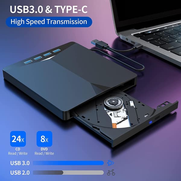 Ekstern CD/DVD-stasjon for bærbar PC, 7 i 1 USB 3.0 DVD-spiller Bærbar CD/DVD-brenner