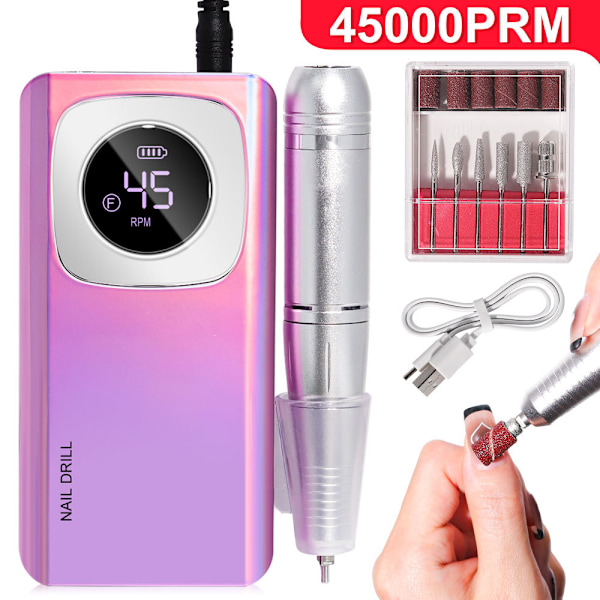 45000 RPM Elektrisk Nagelborr Kit, Portabel Uppladdningsbar Nagelborr, Nagelpoleringskit färgglatt