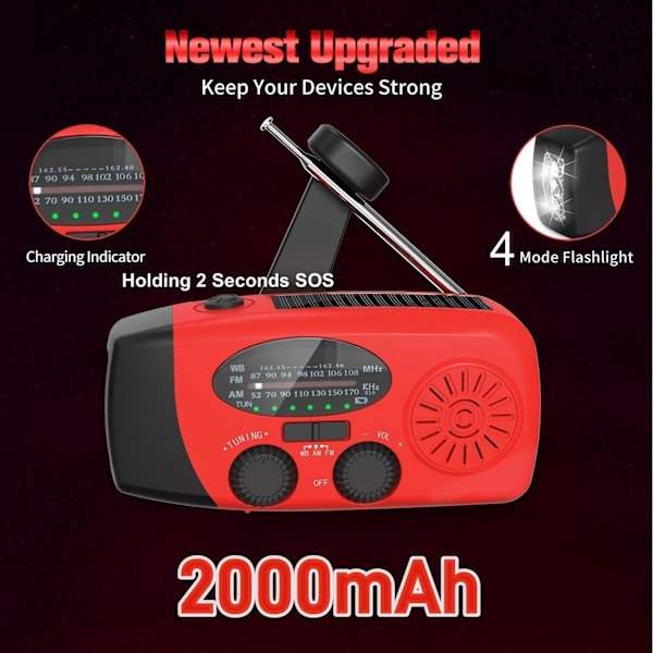 Solcellsdriven Nödradio med Handvev, LED-Ficklampa, Portabel AM/FM-Radio 2000mAh/orange