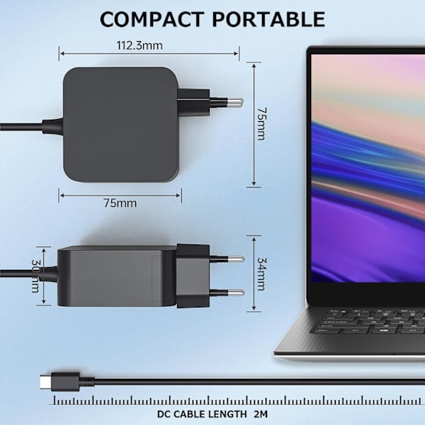 65W USB-C Portabel Laddare Strömförsörjning för ASUS UX425 UX435 UX391 UX325 och Andra Bärbara Datorer