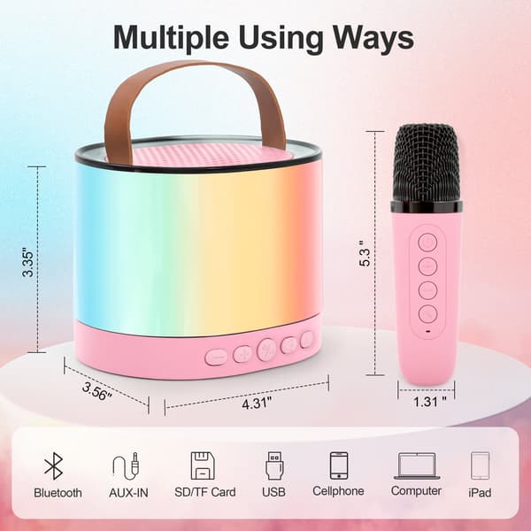 Mini Karaoke-laite lapsille, Bluetooth-kaiutin, 2 mikrofonilla (pinkki)