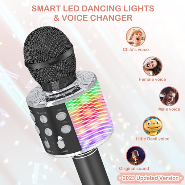 Børne Karaoke Mikrofon, Bærbar Trådløs Bluetooth Mikrofon med LED Lys til Drenge og Piger Sort