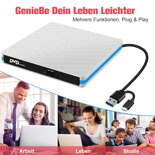 Extern CD DVD-enhet, Portabel Typ C & USB 3.0 CD-RW DVD-R Combo Brännare Spelare (Svart)