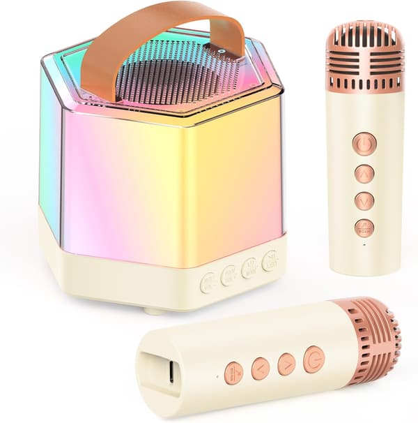 Mini Karaoke-laite lapsille, Bluetooth-kaiutin 2 mikrofonilla (Beige)