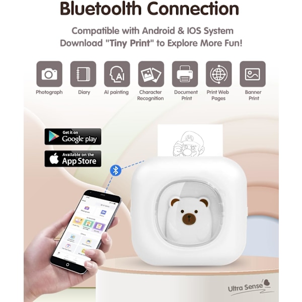 X7 Kannettava Bluetooth-lämpötulostin mobiilitulostin 3 rullalla lämpöpaperia, valkoinen