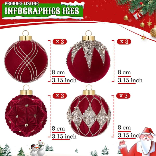 12 stk. julekugler Flocking diamant (Claret)